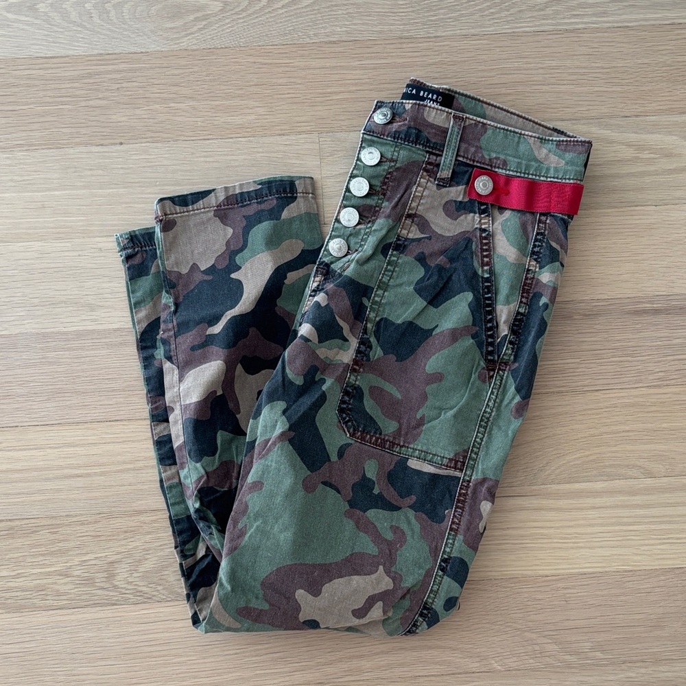 Veronica Beard Arya Straight Leg Camouflage Pant with Red Stitching